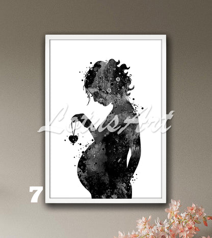 Pregnant woman watercolor art print in black and white, expecting mom gift & pregnancy minimalist wall decor
