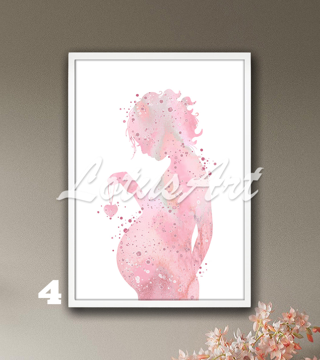 Pregnant woman watercolor painting in pink tones with heart necklace, expecting mom gift & pregnancy wall decor