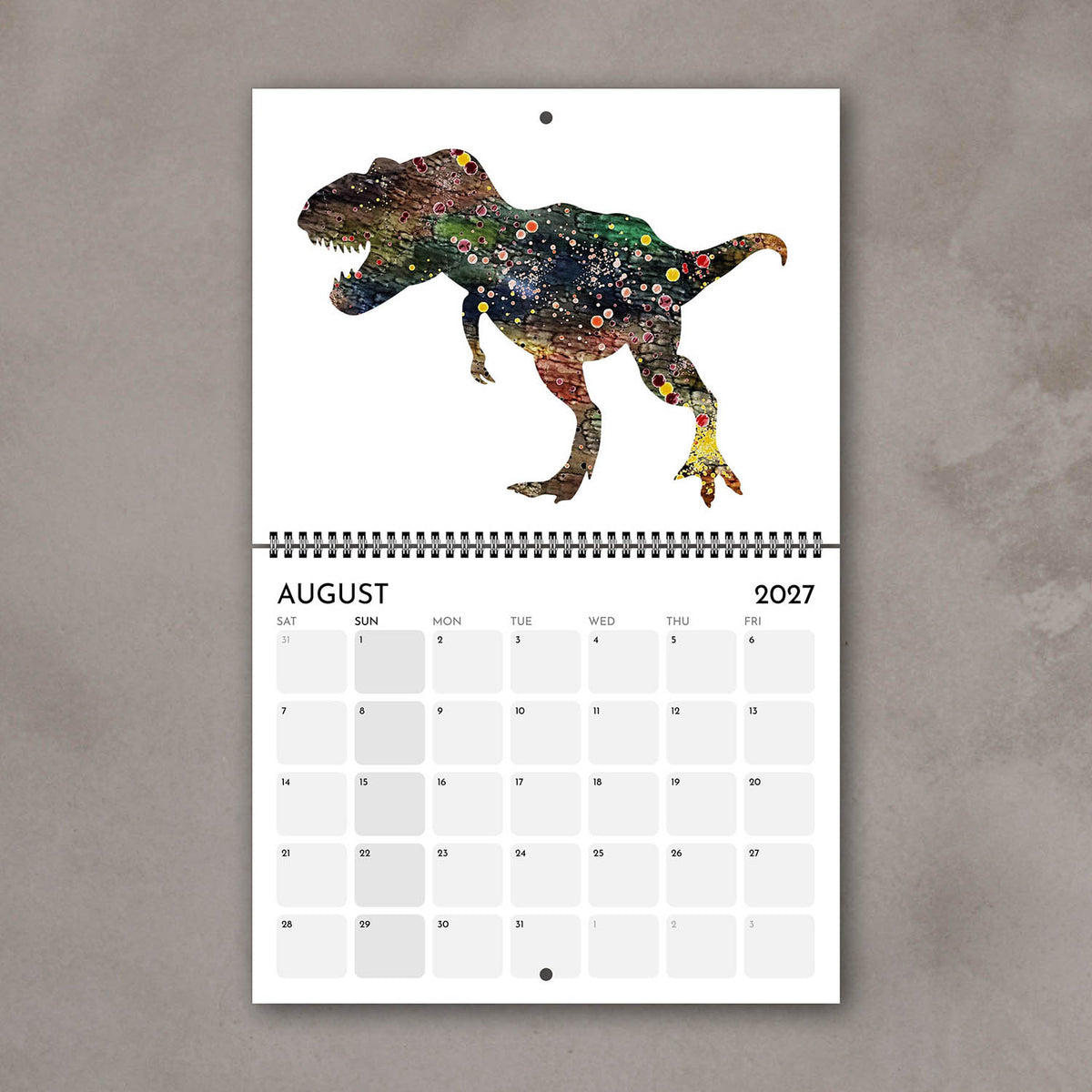 August 2027 dinosaur wall calendar page, watercolor prehistoric animal illustration in dark earth tones