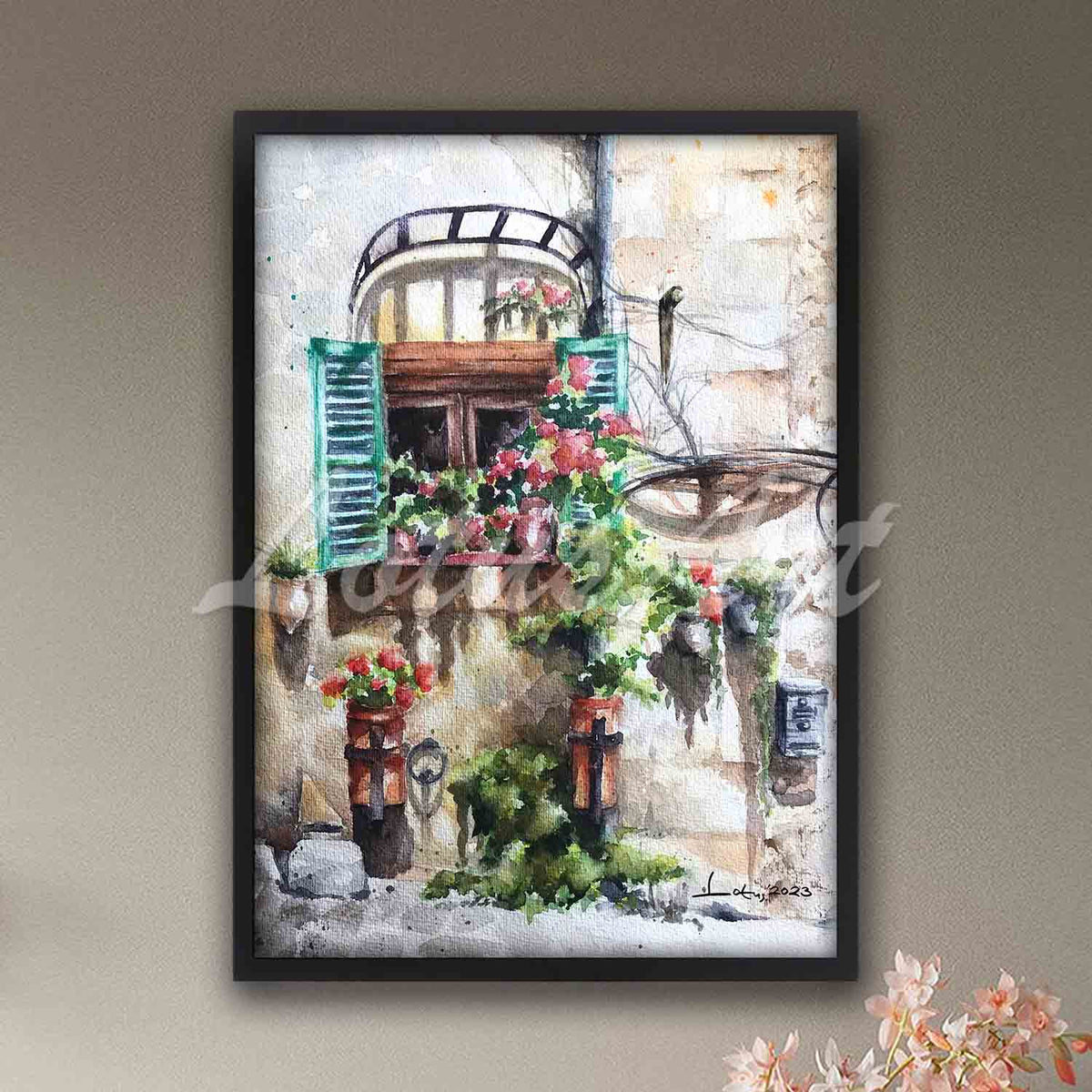 Provence watercolor poster in black frame, French flowers illustration & rustic provincial wall decor print
