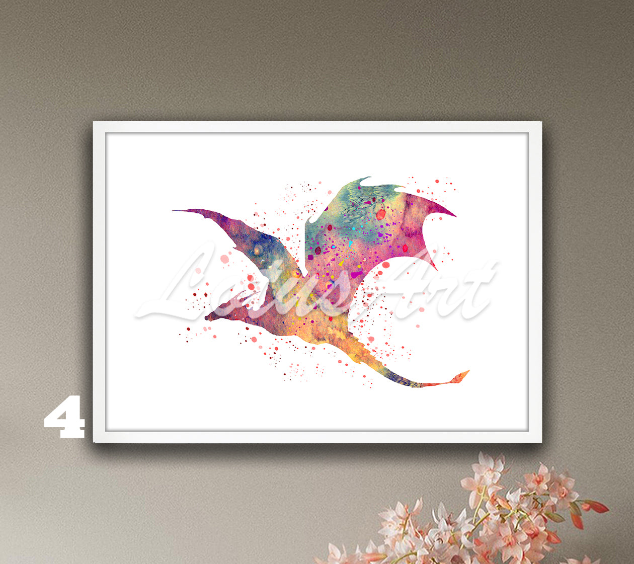 Colorful flying dragon watercolor fantasy animals wall art print, unique mythical dragon gift