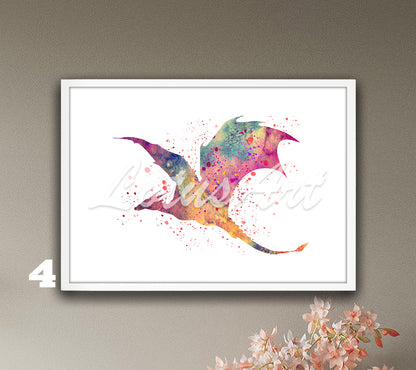 Colorful flying dragon watercolor fantasy animals wall art print, unique mythical dragon gift