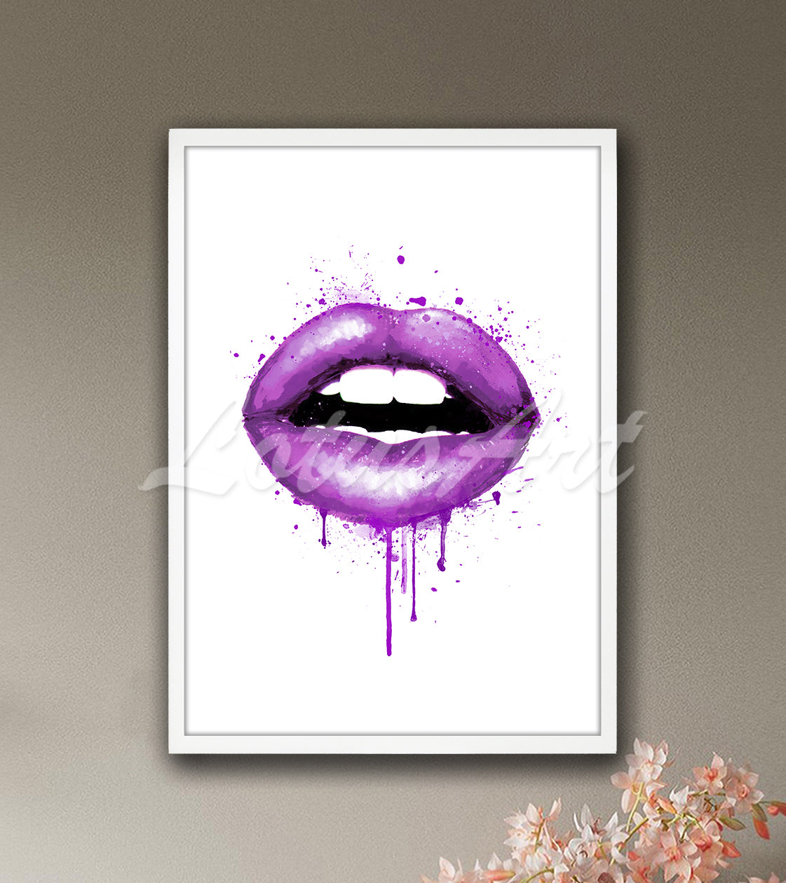 Striking purple lips watercolor art print, chic teen girl room and beauty salon wall decor, modern woman gift