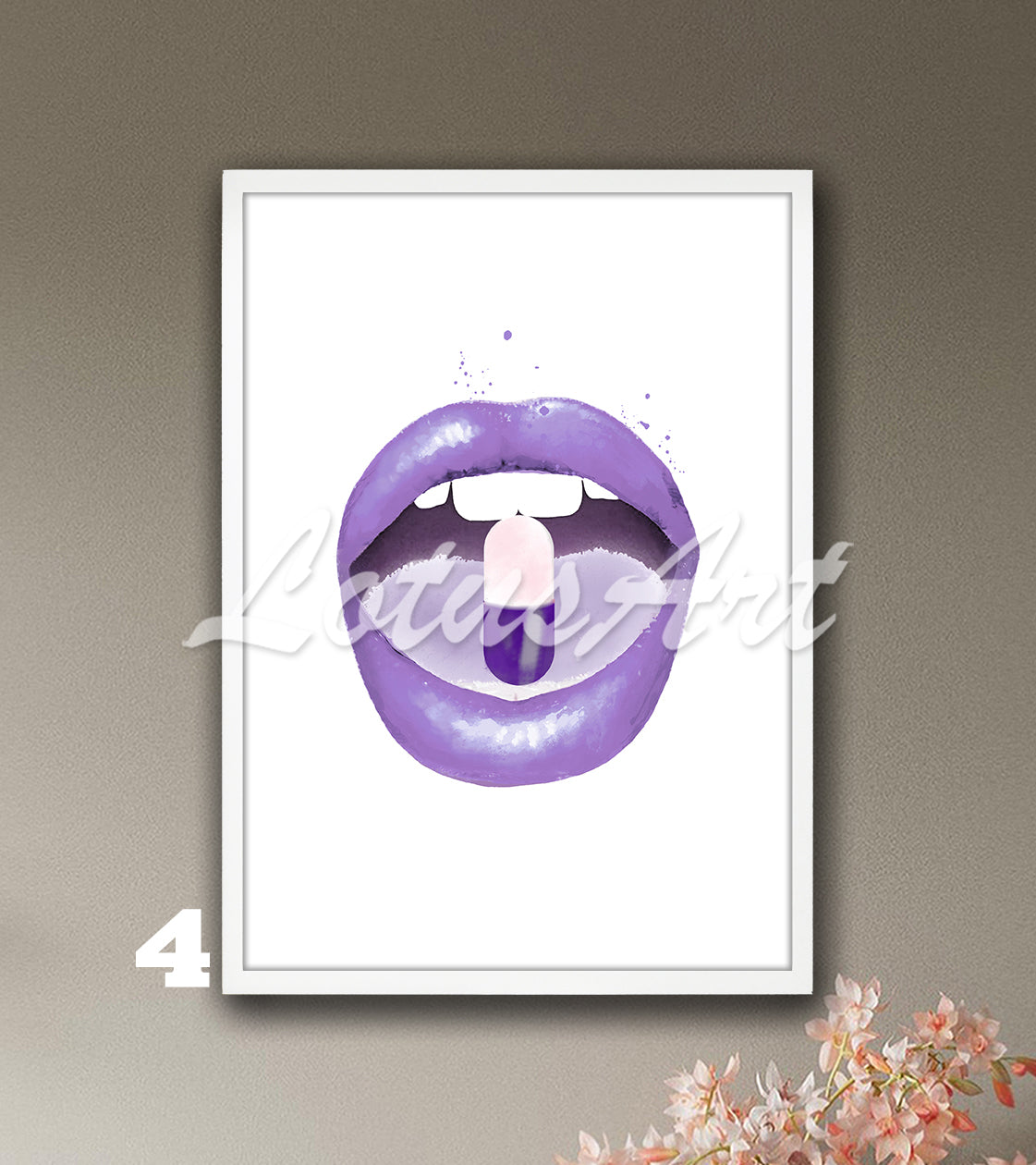 Purple lips with pill fashion pop artwork, bold medical pharmacy or clinic decor, and doctor office gift