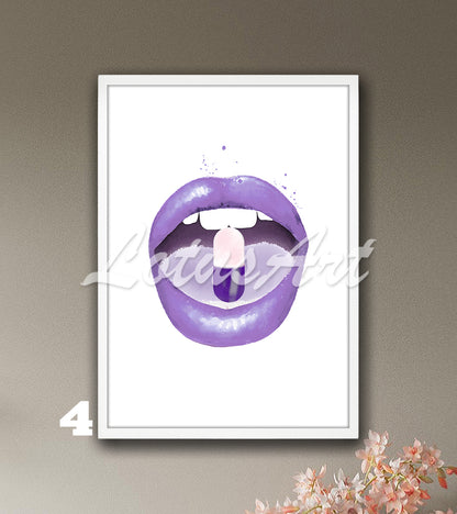 Purple lips with pill fashion pop artwork, bold medical pharmacy or clinic decor, and doctor office gift