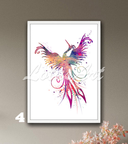 Phoenix Wall Art Print – Fantasy Bird Watercolor Mythical Home Decor
