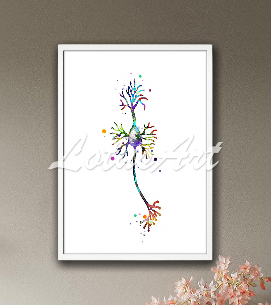 Pyramidal neuron cell anatomy with axon in colorful watercolor art - biology science lab painting