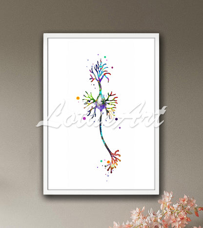 Pyramidal neuron cell anatomy with axon in colorful watercolor art - biology science lab painting