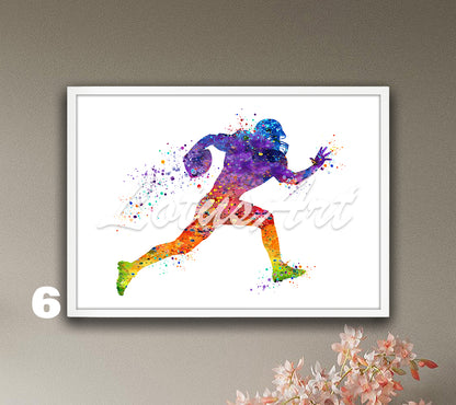 Rainbow american football player watercolor sports art - colorful kids room wall decor