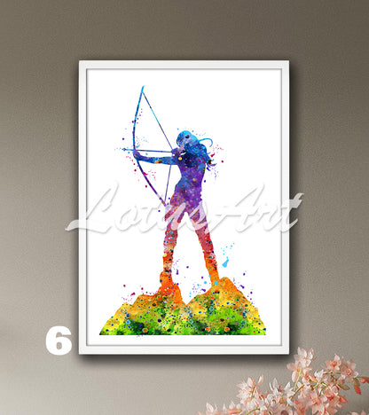 Rainbow archery girl sports wall art - multicolor watercolor poster