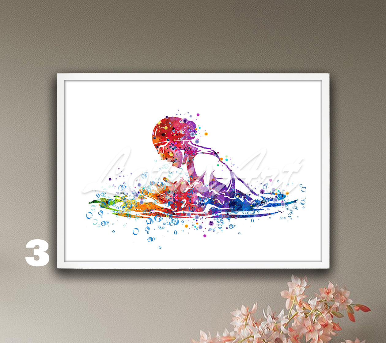 Rainbow breaststroke swimming girl watercolor sports wall art - colorful kids room decor