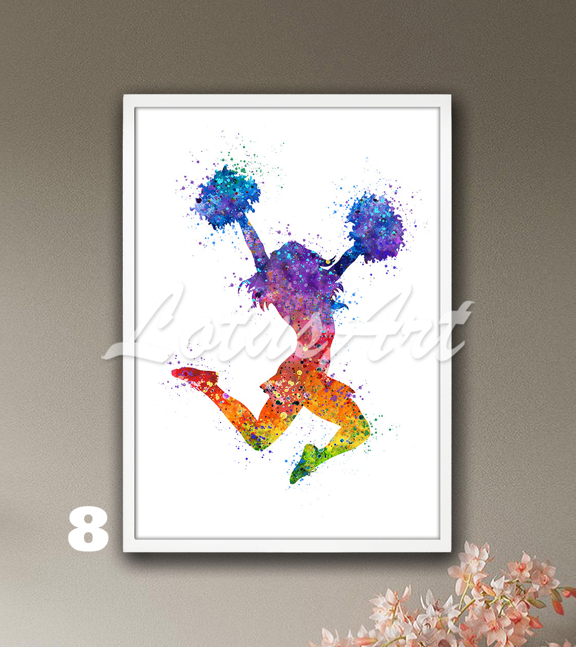 Rainbow cheerleader watercolor sports art - colorful cheerleading wall decor