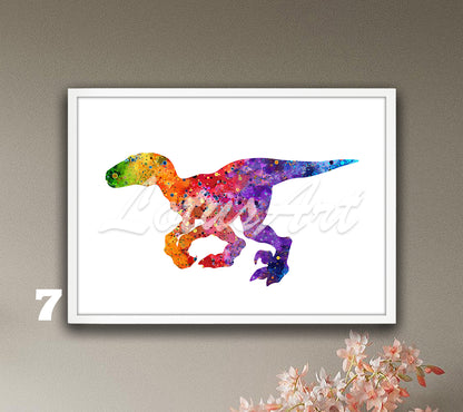 Dinosaur Velociraptor Art Print, Watercolor Kids Wall Decor & Nursery Gift