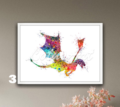 Flying dragon watercolor art print for fantasy animals in rainbow tones, kids dragon gift