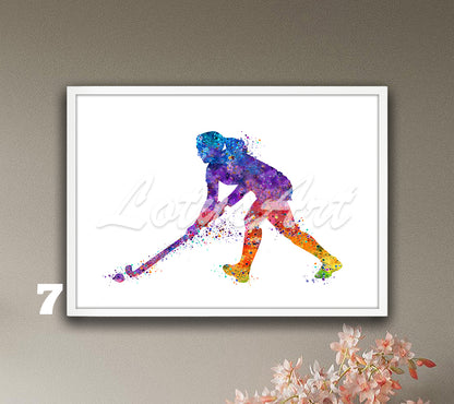 Rainbow field hockey girl watercolor sports art - colorful girls room decor
