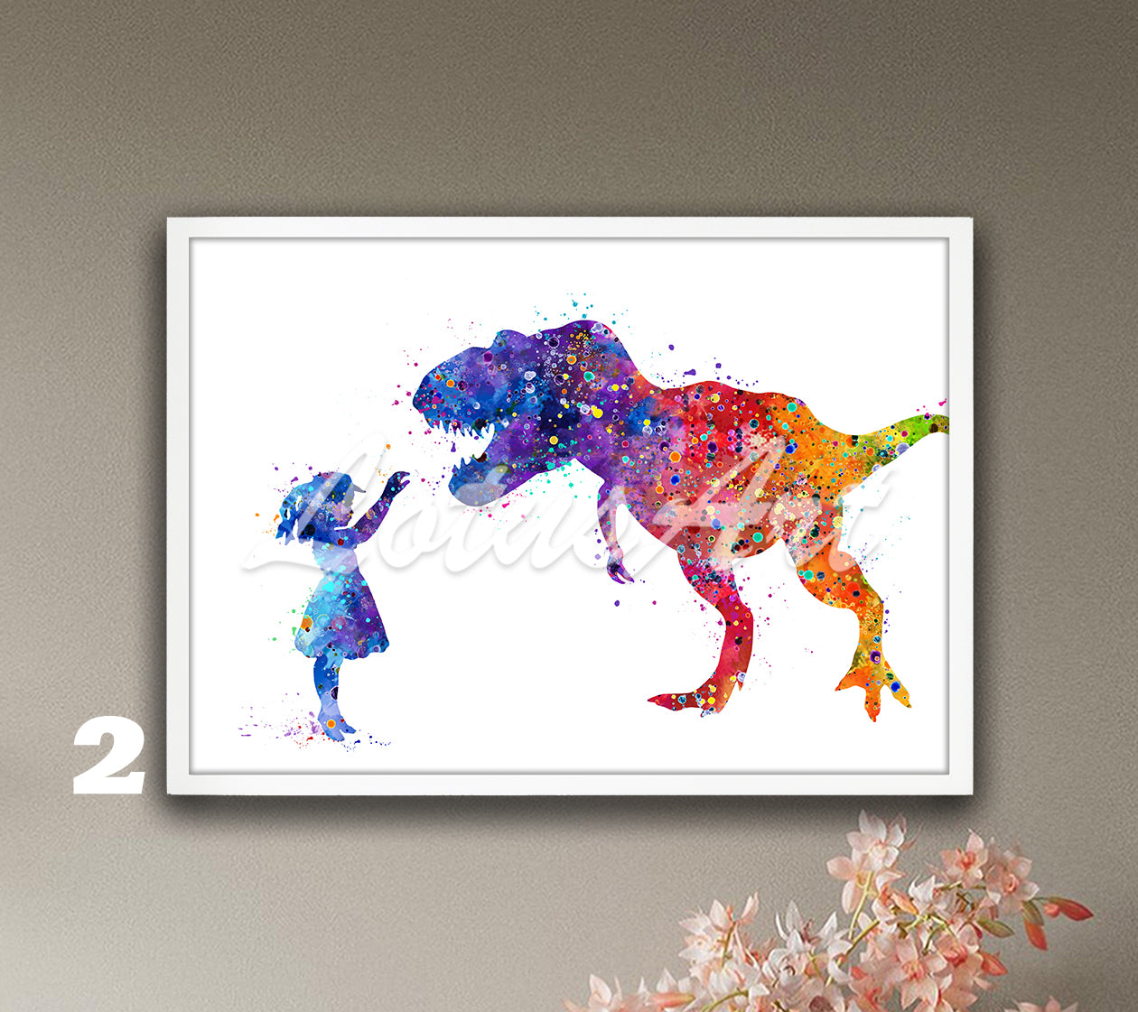 Girl & Dinosaur T-Rex Watercolor Wall Art – Kids Gifts & Nursery Animals Decor