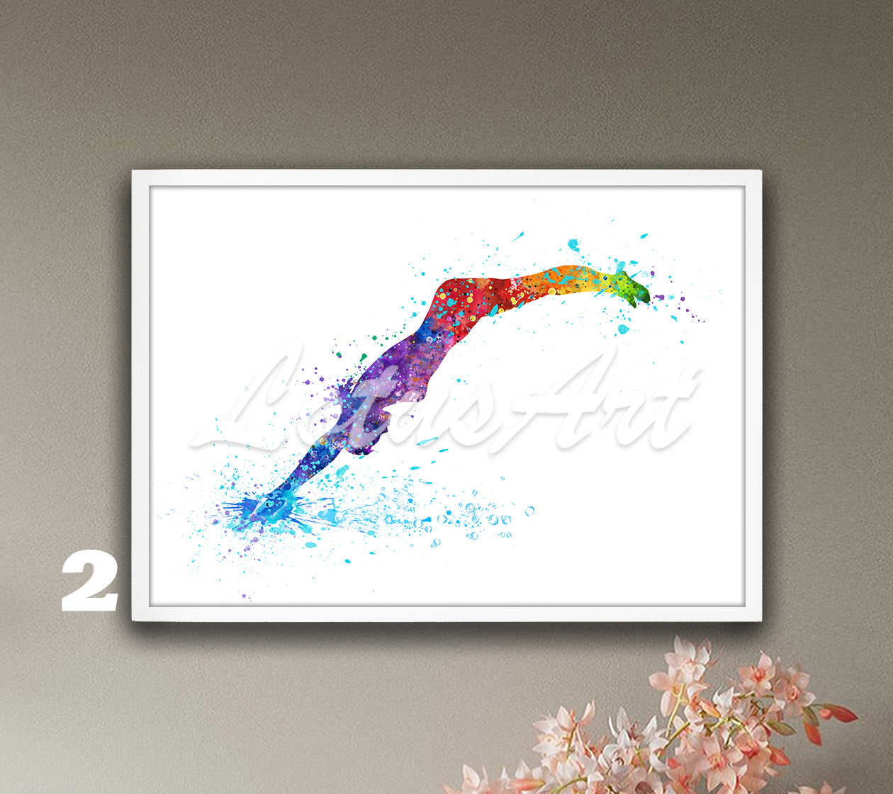 Rainbow girl swimming sports wall decor - multicolor watercolor art print