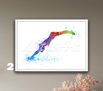 Rainbow girl swimming sports wall decor - multicolor watercolor art print
