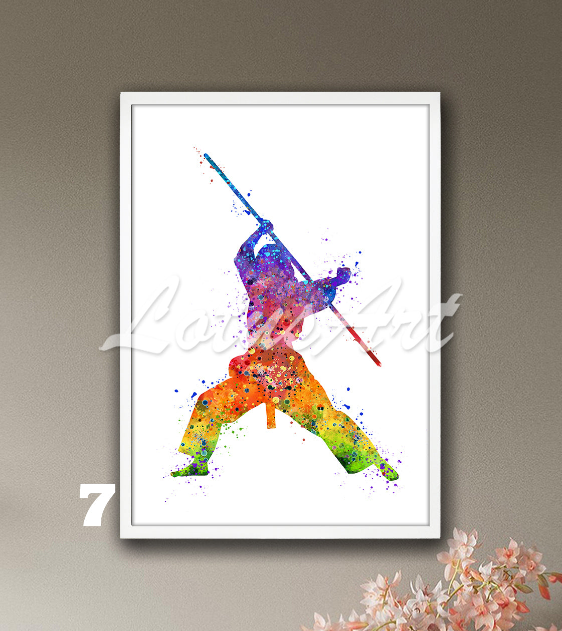 Rainbow karate girl bo staff watercolor sports art in vibrant colors - kids room wall decor