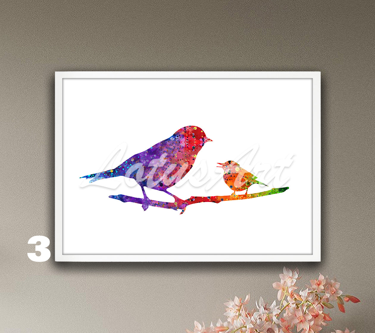 Mom And Baby Bird Watercolor Art Print, Forest Nursery Wall Decor, Wild Birds Painting