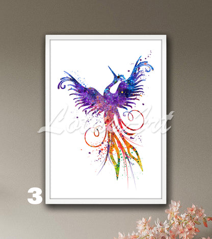 Phoenix Watercolor Wall Art Print – Fantasy Birds Kids Room & Home Decor