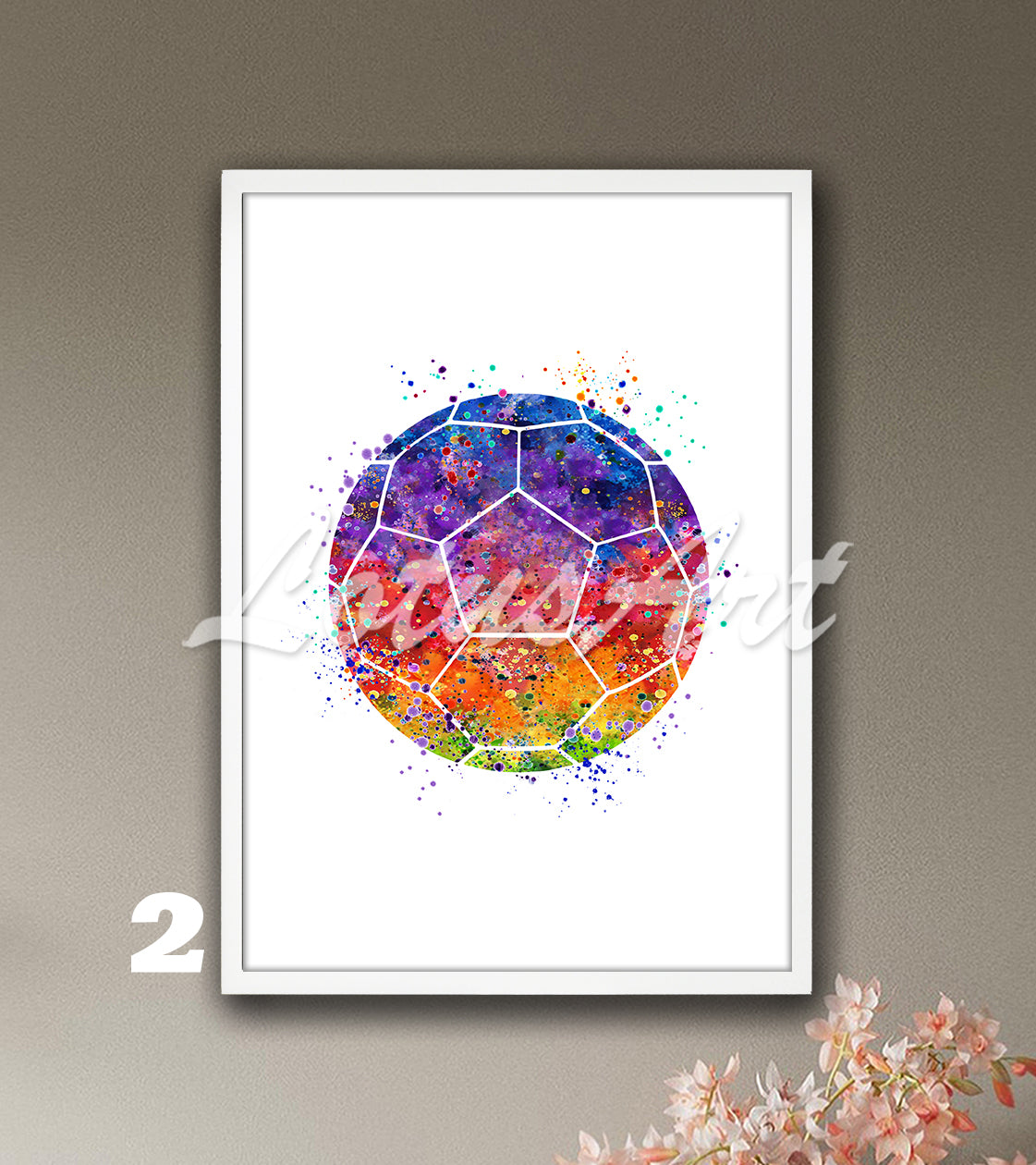 Rainbow soccer ball watercolor art - colorful football sports wall decor