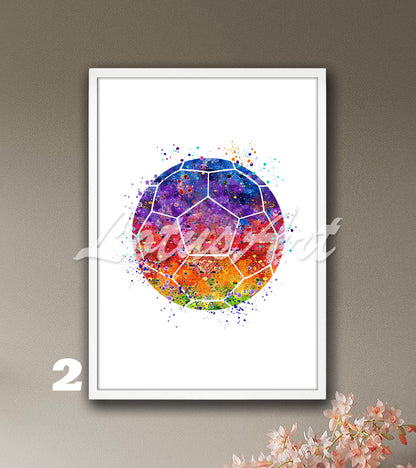 Rainbow soccer ball watercolor art - colorful football sports wall decor