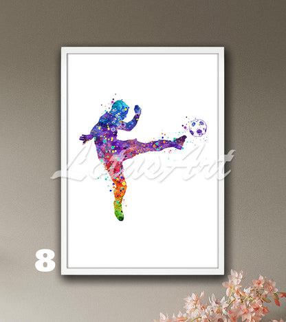 Sports art print depicting a male soccer player – watercolor painting in rainbow colors on white background.