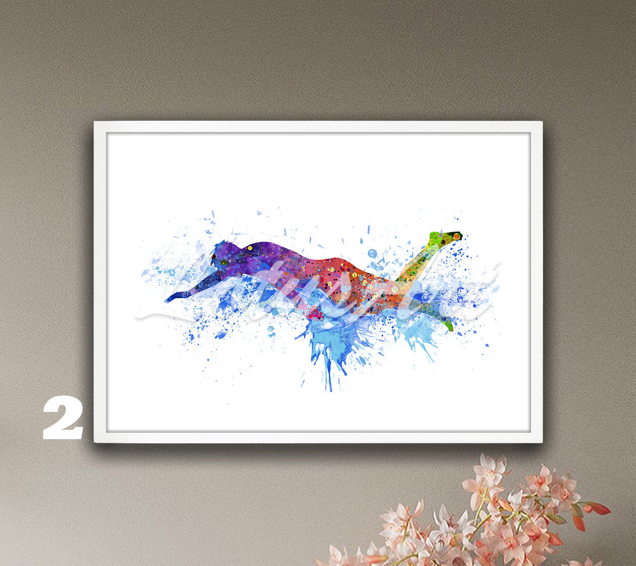 Rainbow swimmer boy watercolor sports wall art - colorful kids room decor
