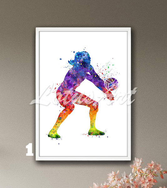 Rainbow volleyball girl watercolor sports wall art print in vibrant colors - kids room decor