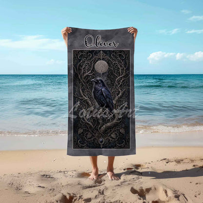 Personalized raven branches mens beach towel, custom name gift, dark gothic art print lifestyle beach