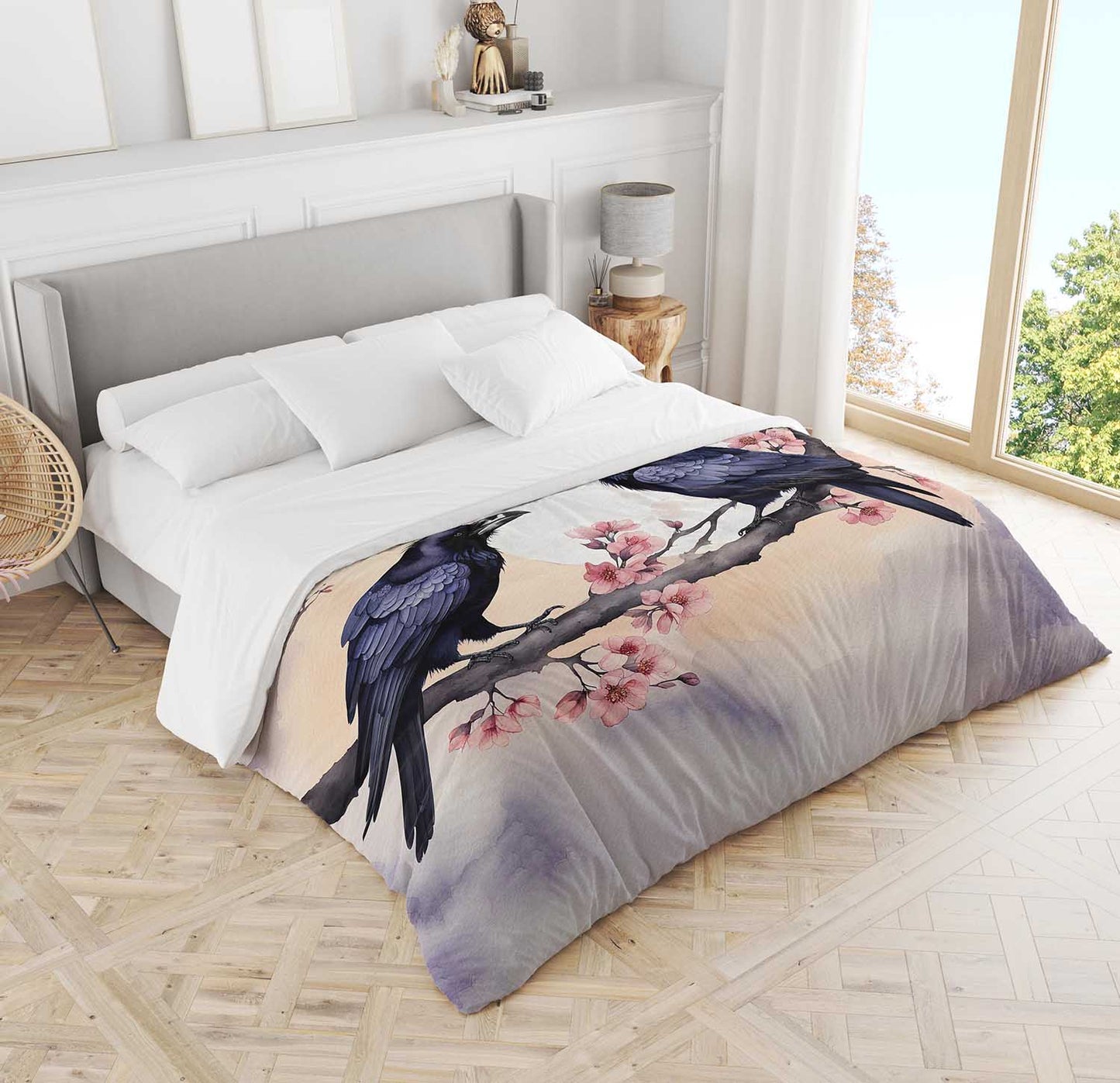 Raven cherry blossom duvet cover on queen bed, dark academia bird art print bedding for moody bedroom