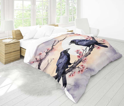 Raven cherry blossom duvet cover closeup gothic bird art print illustration with pastel pink blossoms