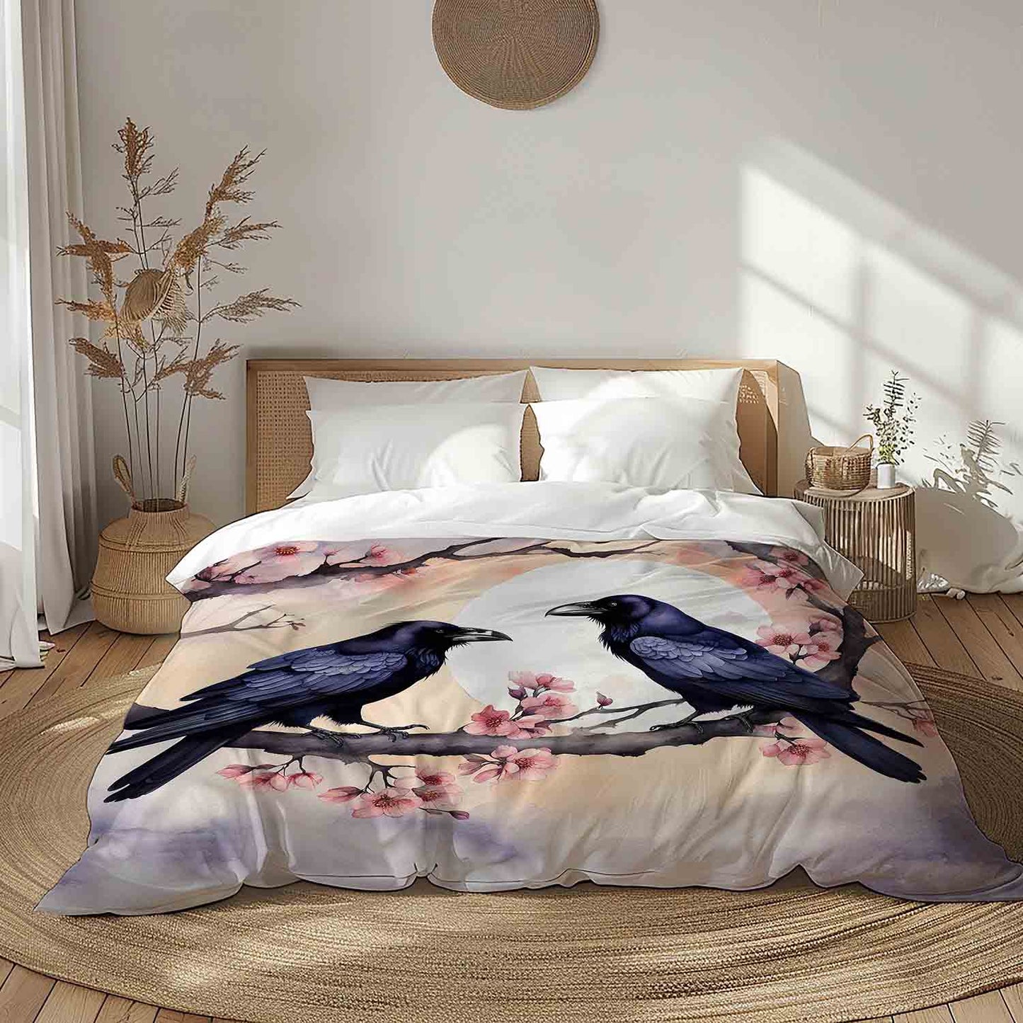 Raven cherry blossom duvet cover dark academia bird art print bedding on muted background, twin queen king sizes