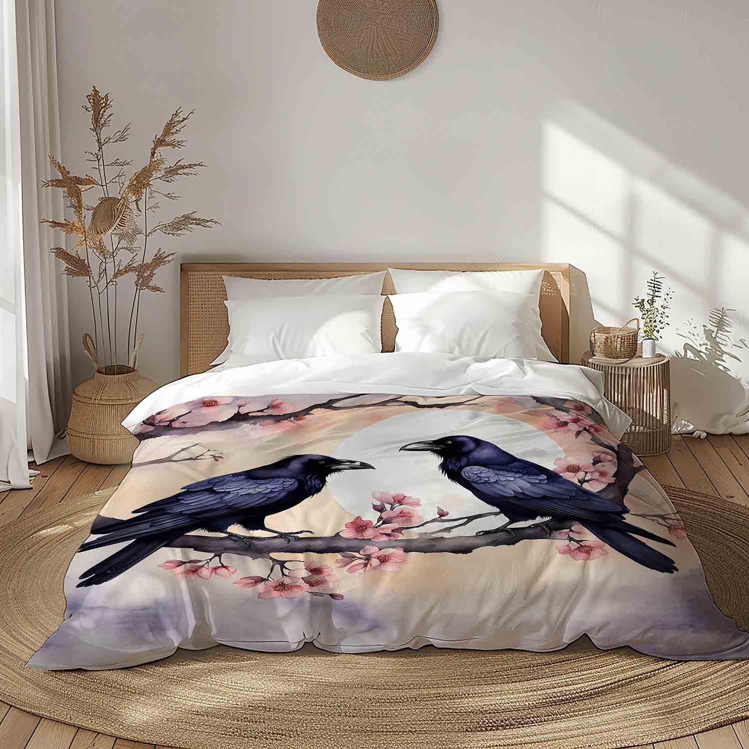 Raven cherry blossom duvet cover dark academia bird art print bedding on muted background, twin queen king sizes