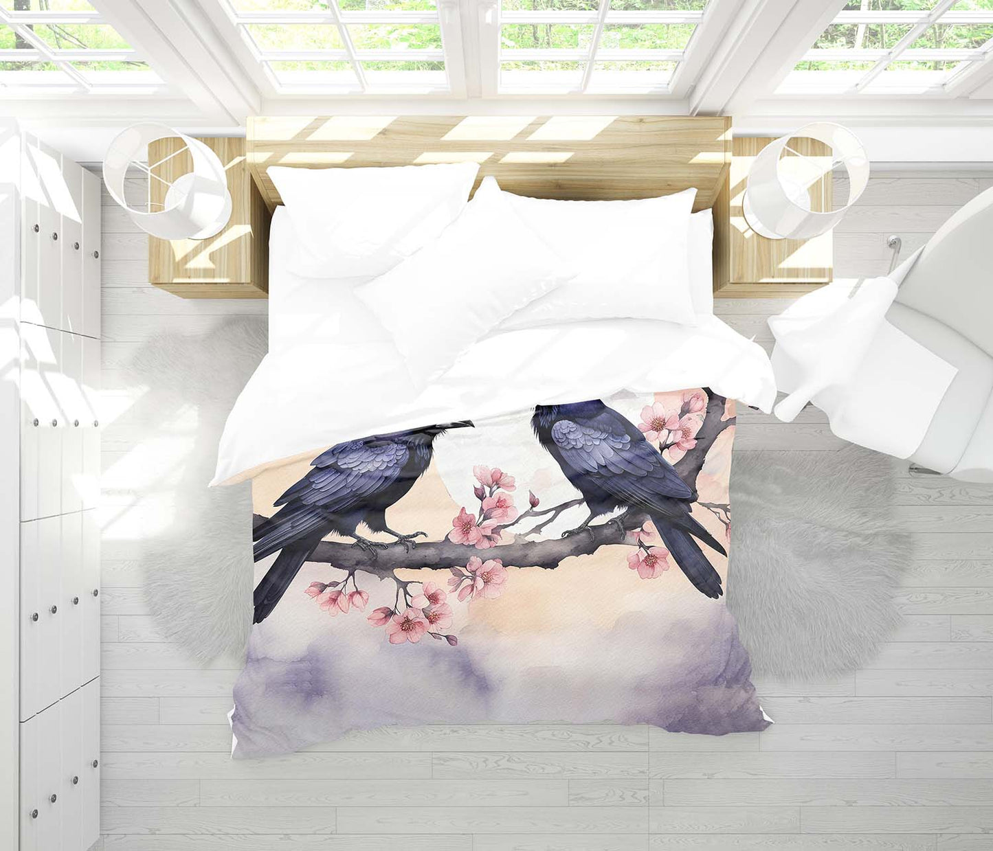 Raven cherry blossom duvet cover on twin bed, moody nature art bedding for dark academia lovers
