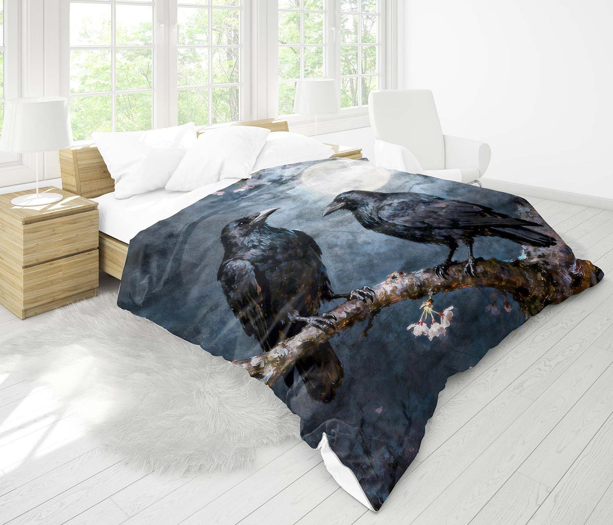 Raven couple comforter in gothic dark romance watercolor style, black bird art bedding for alternative bedroom decor