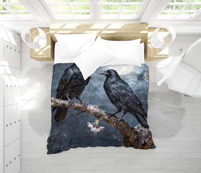Raven couple gothic comforter with dark romance design, unique watercolor bedding top view for gothic bedroom