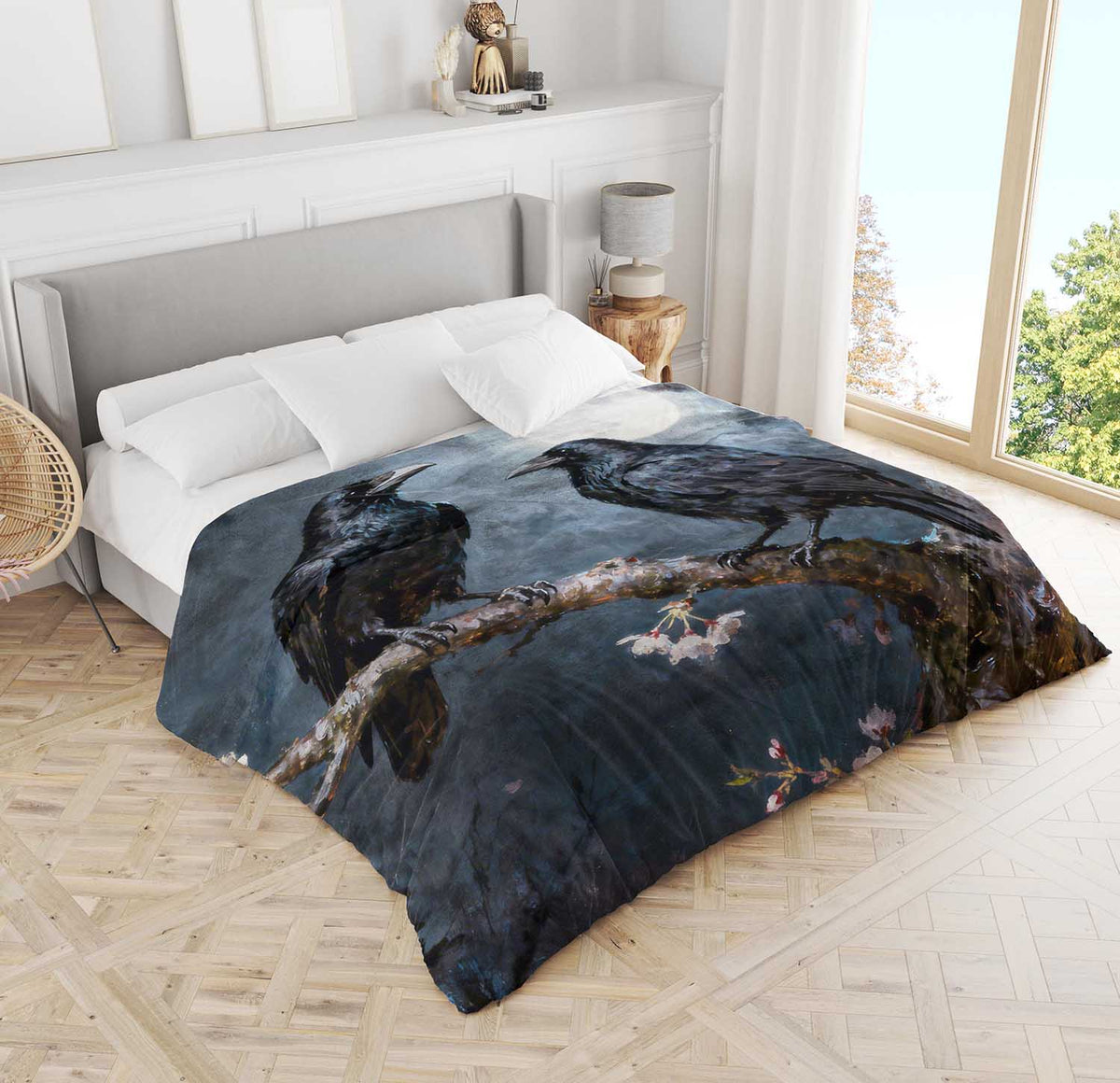 Raven couple watercolor comforter with gothic dark romance design, unique bird couple art bedding for bedroom