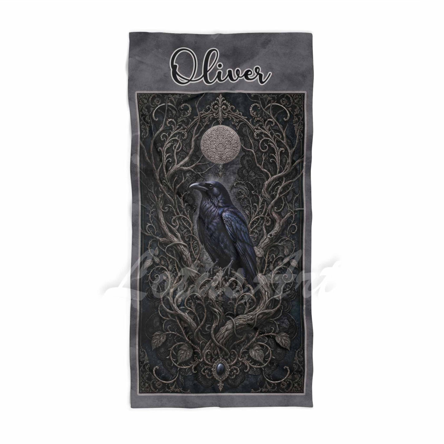 Personalized raven & moon gothic mens beach towel, custom name gift, dark romance moon branches art print front view
