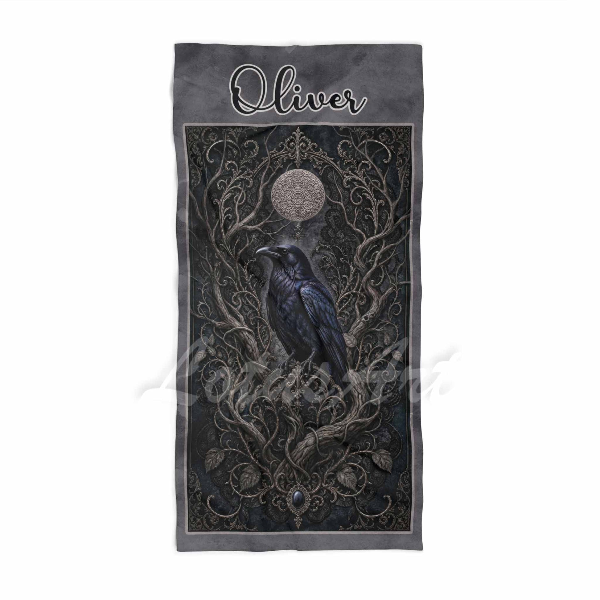 Personalized raven & moon gothic mens beach towel, custom name gift, dark romance moon branches art print front view