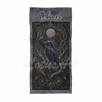 Personalized raven & moon gothic mens beach towel, custom name gift, dark romance moon branches art print front view