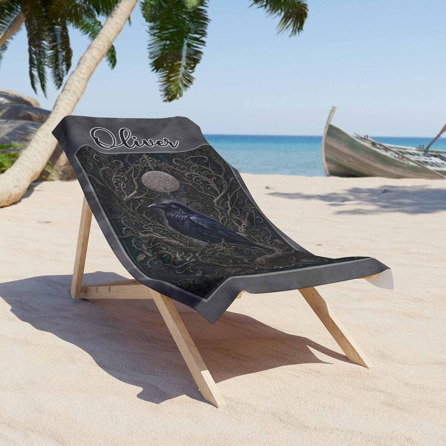 Personalized raven gothic mens beach towel, custom name gift, dark romance moon branches art print lifestyle lounger