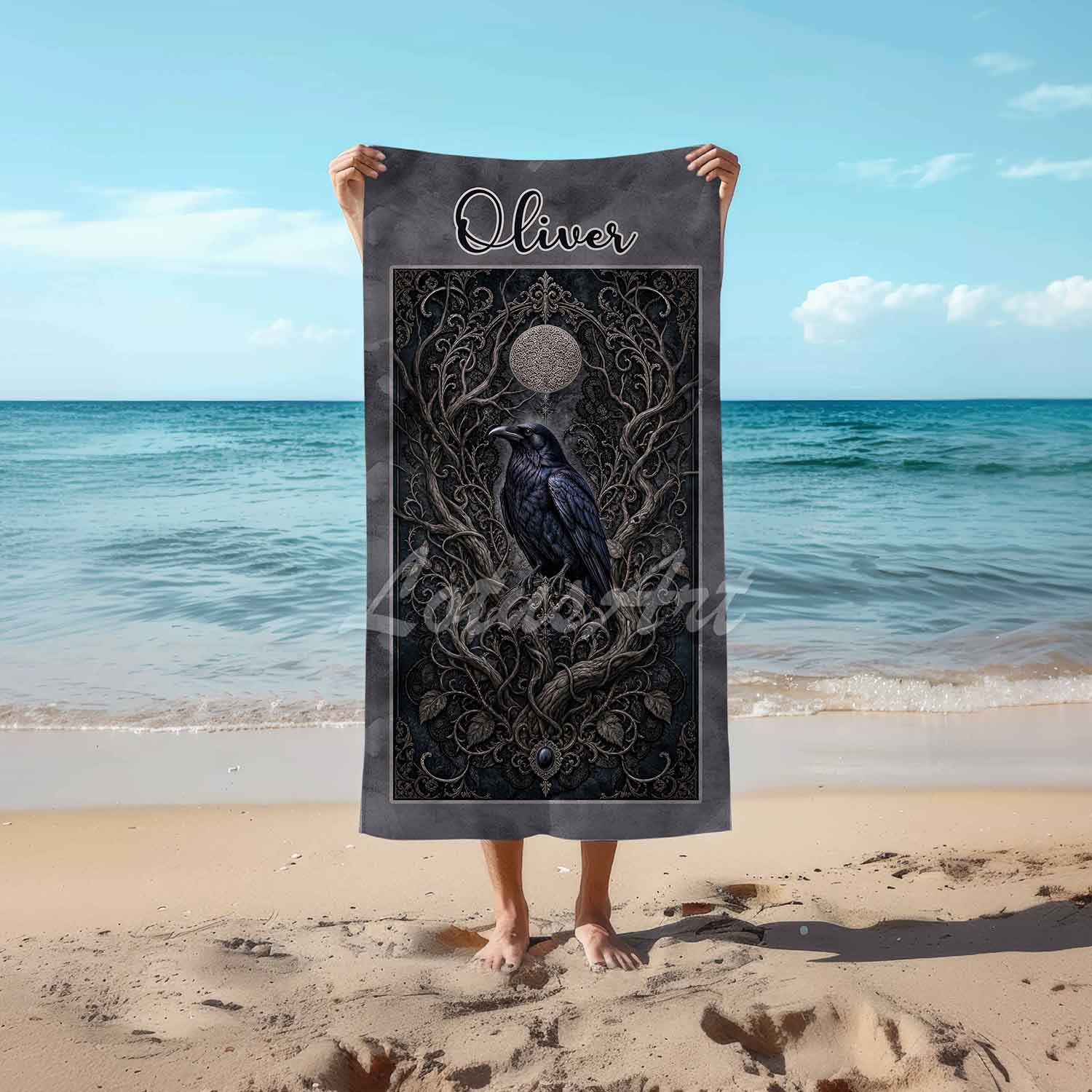 Personalized raven & moon gothic mens beach towel, custom name gift, dark romance moon branches art print lifestyle beach