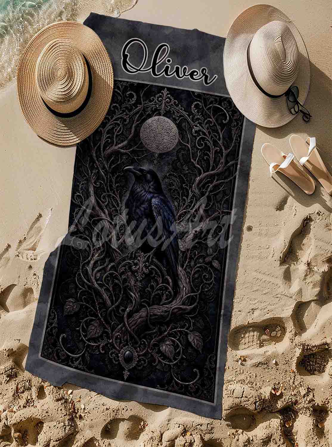 Personalized raven gothic mens beach towel, custom name gift, dark romance moon branches art print lifestyle sand