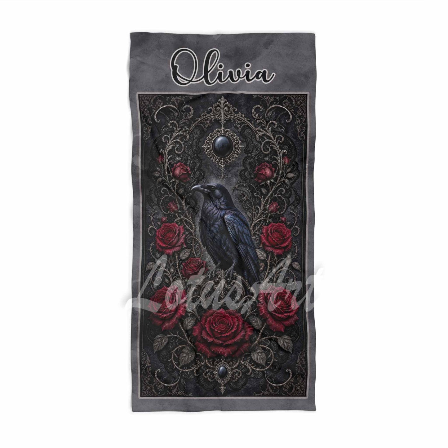 Personalized raven roses gothic beach towel, custom name gift for her, black & dark red romance art print front view