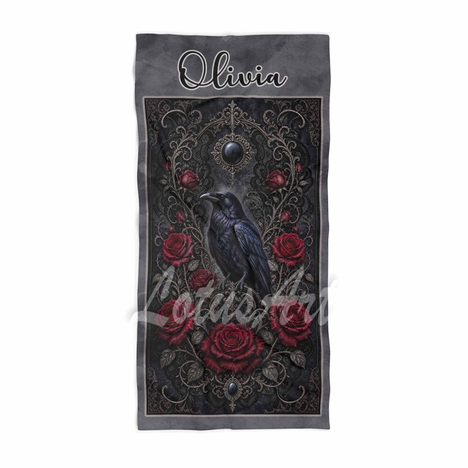 Personalized raven roses gothic beach towel, custom name gift for her, black & dark red romance art print front view