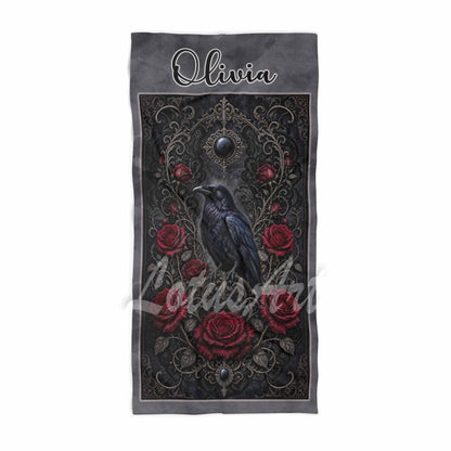 Personalized raven roses gothic beach towel, custom name gift for her, black & dark red romance art print front view
