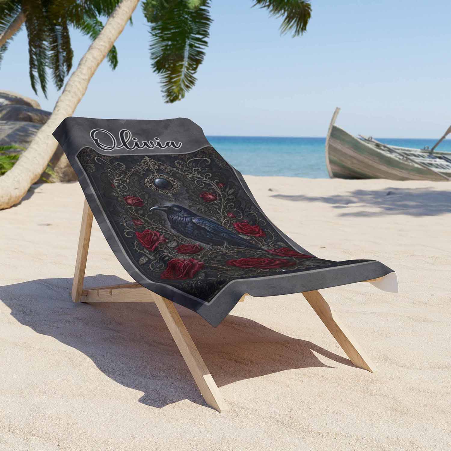Personalized raven roses gothic beach towel, custom name gift for her, black & dark red romance art print lifestyle lounger