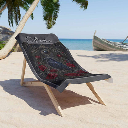 Personalized raven roses gothic beach towel, custom name gift for her, black & dark red romance art print lifestyle lounger